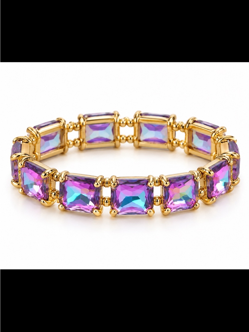 Gold Stretch Bracelet with Purple Iridescent Square Stones NEW